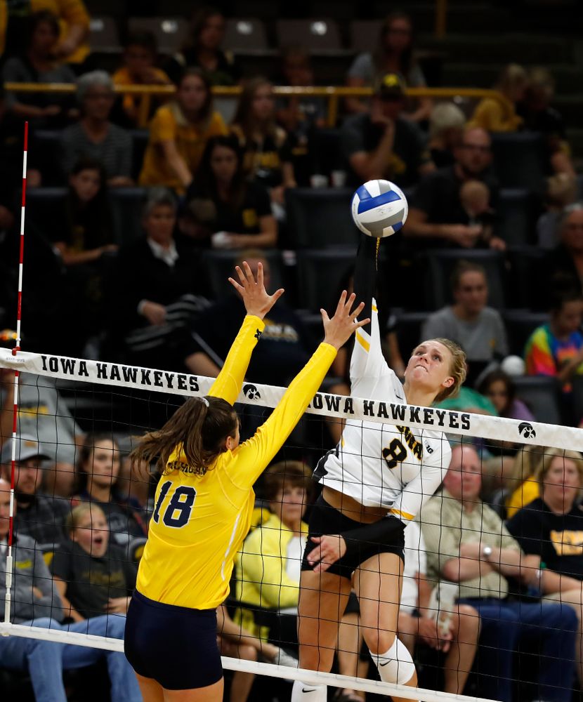Iowa Hawkeyes right side hitter Reghan Coyle (8) against the Michigan Wolverines Sunday, September 23, 2018 at Carver-Hawkeye Arena. (Brian Ray/hawkeyesports.com)