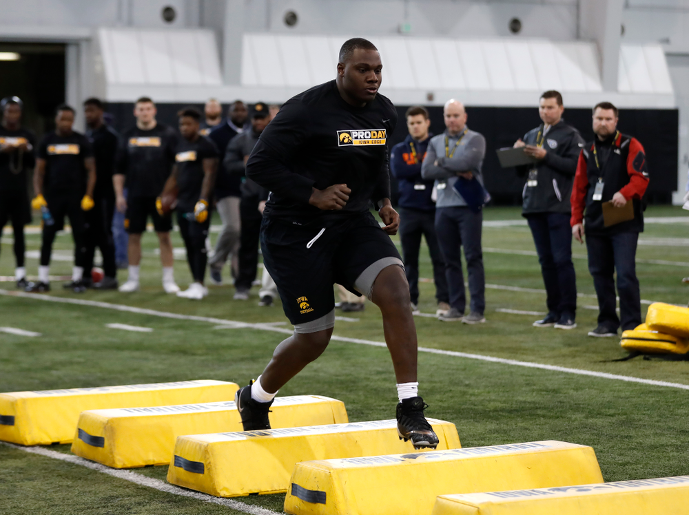 Iowa Hawkeyes offensive lineman James Daniels (78) during the team's annual pro day Monday, March 26, 2018 at the Hansen Football Performance Center. (Brian Ray/hawkeyesports.com)