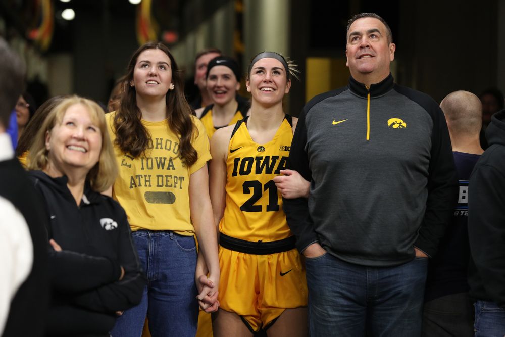 Iowa Hawkeyes forward Hannah Stewart (21) during senior day ceremonies following their game against the Northwestern Wildcats Sunday, March 3, 2019 at Carver-Hawkeye Arena. (Brian Ray/hawkeyesports.com)