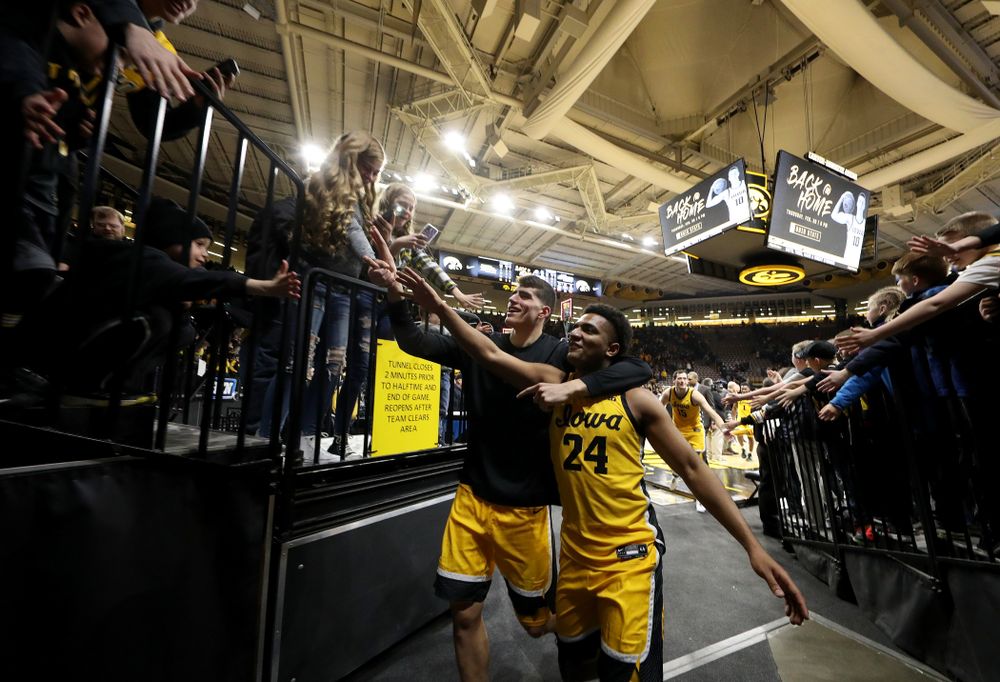 Iowa Hawkeyes forward Luka Garza (55) and Nicolas Hobbs against the Nebraska Cornhuskers Saturday, February 8, 2020 at Carver-Hawkeye Arena. (Brian Ray/hawkeyesports.com)