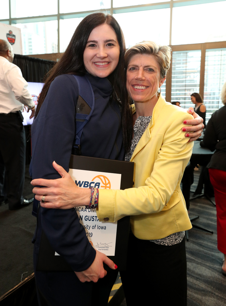 Iowa Hawkeyes forward Megan Gustafson (10) and associate head coach Jan Jensen Wednesday, April 4, 2018 at Amalie Arena in Tampa, FL. (Brian Ray/hawkeyesports.com)