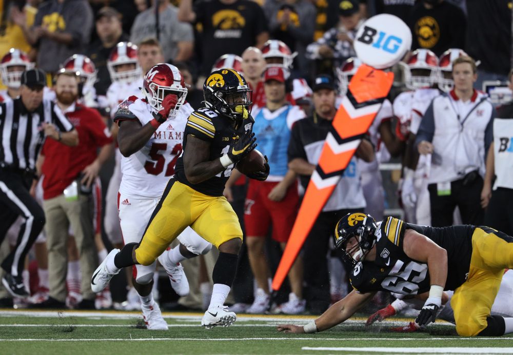 Iowa Hawkeyes running back Mekhi Sargent (10) against the Miami RedHawks Saturday, August 31, 2019 at Kinnick Stadium in Iowa City. (Brian Ray/hawkeyesports.com)