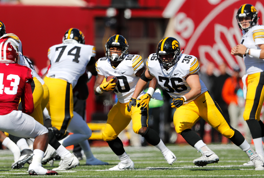 Iowa Hawkeyes running back Mekhi Sargent (10) and fullback Brady Ross (36) against the Indiana Hoosiers Saturday, October 13, 2018 at Memorial Stadium, in Bloomington, Ind. (Brian Ray/hawkeyesports.com)