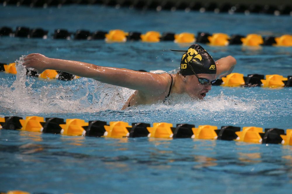 Iowa’s Sarah Schmmel swims the 100-yard fly during the Iowa swimming and diving meet vs Notre Dame and Illinois on Saturday, January 11, 2020 at the Campus Recreation and Wellness Center. (Lily Smith/hawkeyesports.com)