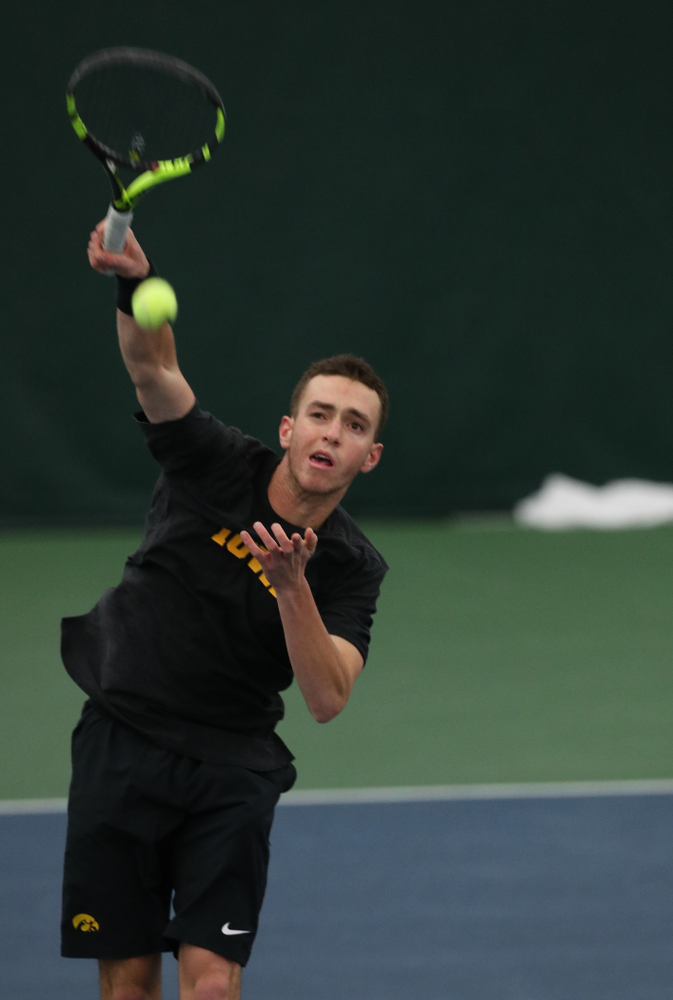 Iowa's Kareem Allaf against UMKC Friday, February 15, 2019 at the Hawkeye Tennis and Recreation Complex. (Brian Ray/hawkeyesports.com)