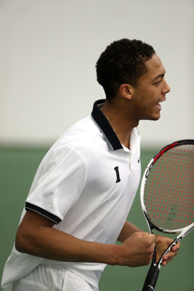 Iowa's Oliver Okonkwo against North Dakota Friday, January 25, 2019 at the Hawkeye Tennis and Recreation Complex. (Brian Ray/hawkeyesports.com)