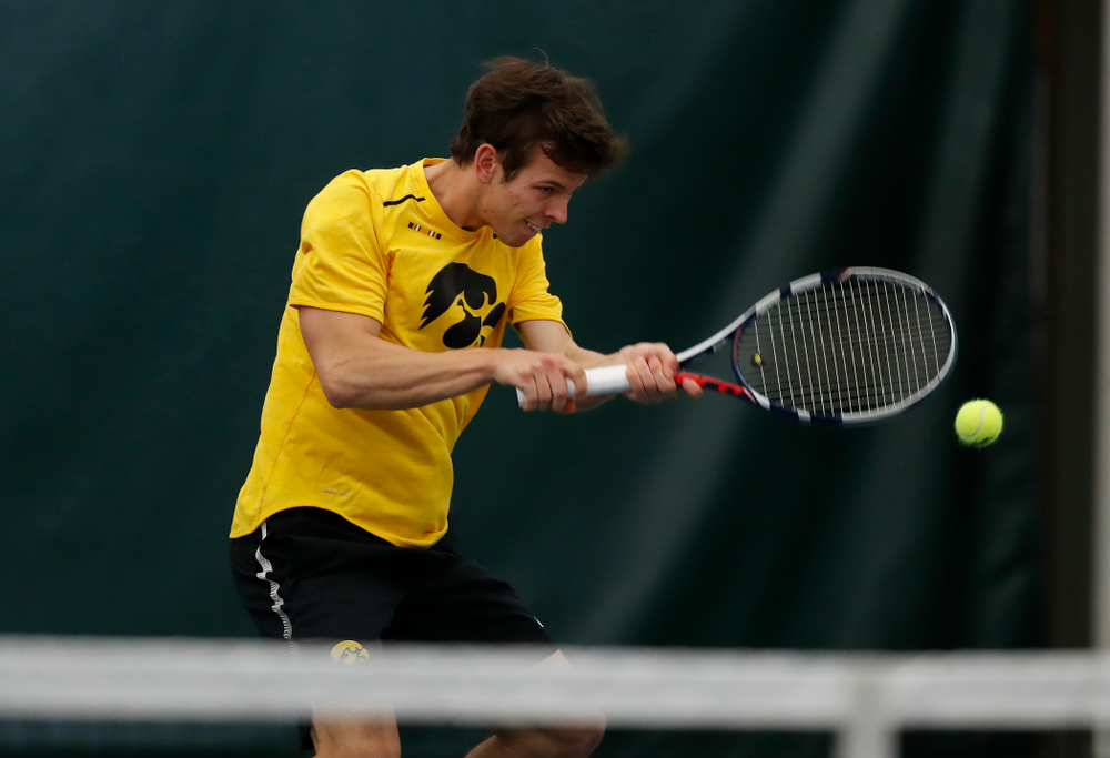 Will Davies and and Piotr Smietana play a doubles match against the Illinois Fighting Illini Saturday, March 31, 2018 at Hawkeye Tennis and Recreation Center. (Brian Ray/hawkeyesports.com)