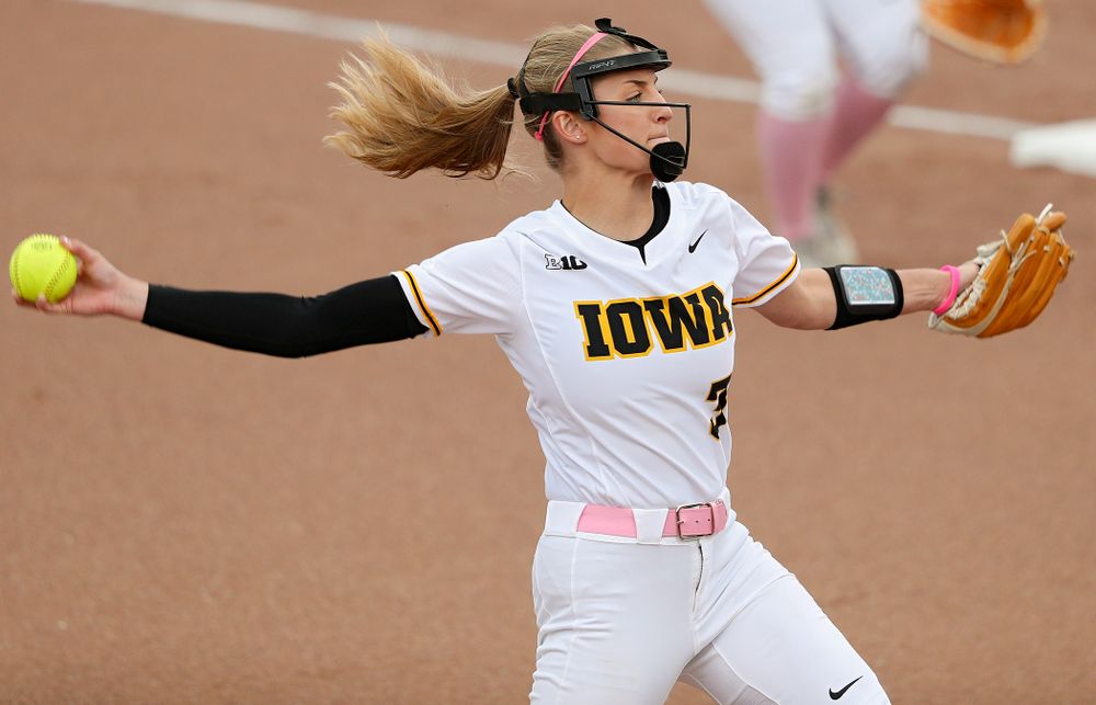 Iowa pitcher Allison Doocy (3) delivers to the plate during the first inning of their game against Iowa State at Pearl Field in Iowa City on Tuesday, Apr. 9, 2019. (Stephen Mally/hawkeyesports.com)