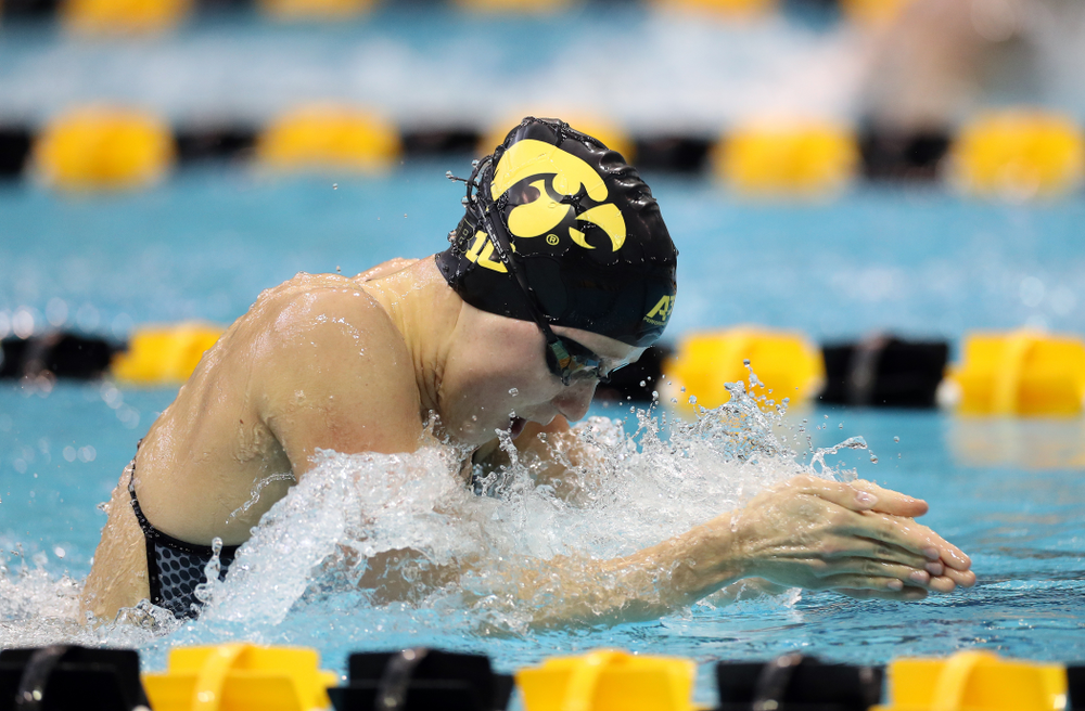 IowaÕs Aleksandra Olesiak swims the 100 yard breaststroke against the Michigan Wolverines Friday, November 1, 2019 at the Campus Recreation and Wellness Center. (Brian Ray/hawkeyesports.com)