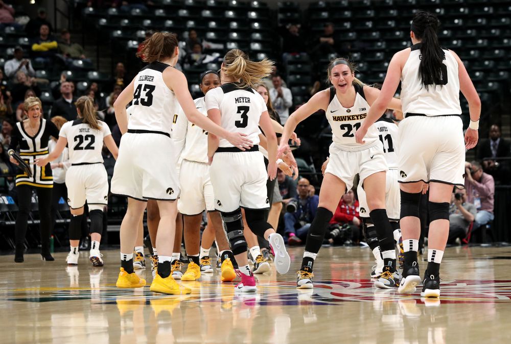 Iowa Hawkeyes forward Hannah Stewart (21) against the Indiana Hoosiers in the quarterfinals of the Big Ten Tournament Friday, March 8, 2019 at Bankers Life Fieldhouse in Indianapolis, Ind. (Brian Ray/hawkeyesports.com)