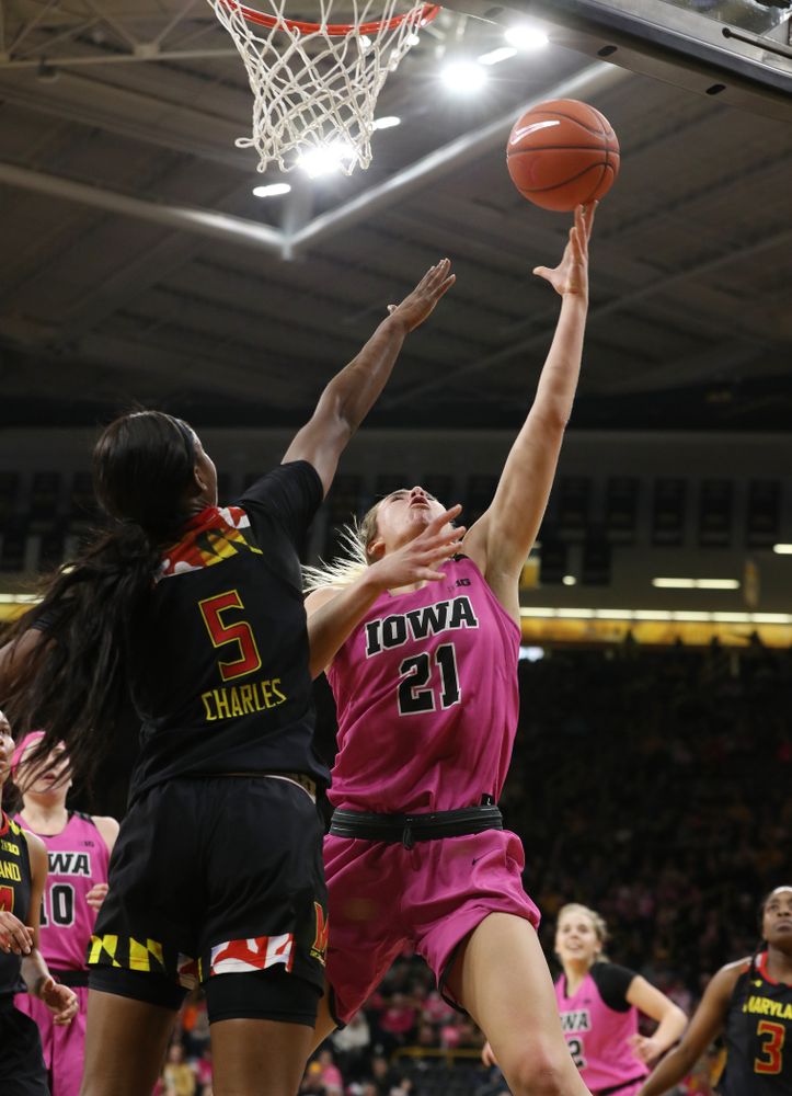 Iowa Hawkeyes forward Hannah Stewart (21) against the seventh ranked Maryland Terrapins Sunday, February 17, 2019 at Carver-Hawkeye Arena. (Brian Ray/hawkeyesports.com)