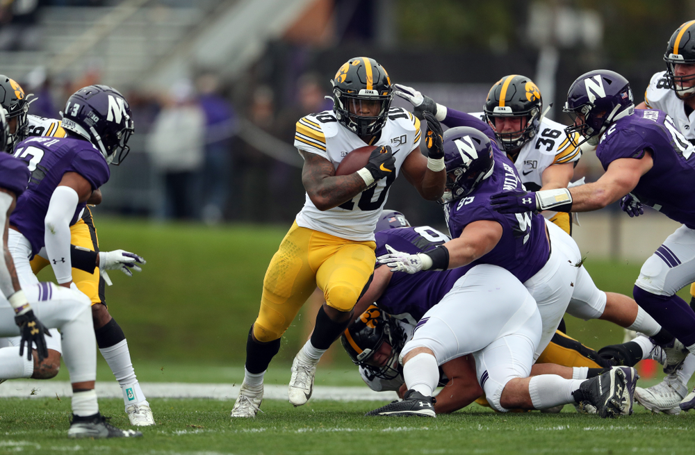 Iowa Hawkeyes running back Mekhi Sargent (10) against the Northwestern Wildcats Saturday, October 26, 2019 at Ryan Field in Evanston, Ill. (Brian Ray/hawkeyesports.com)