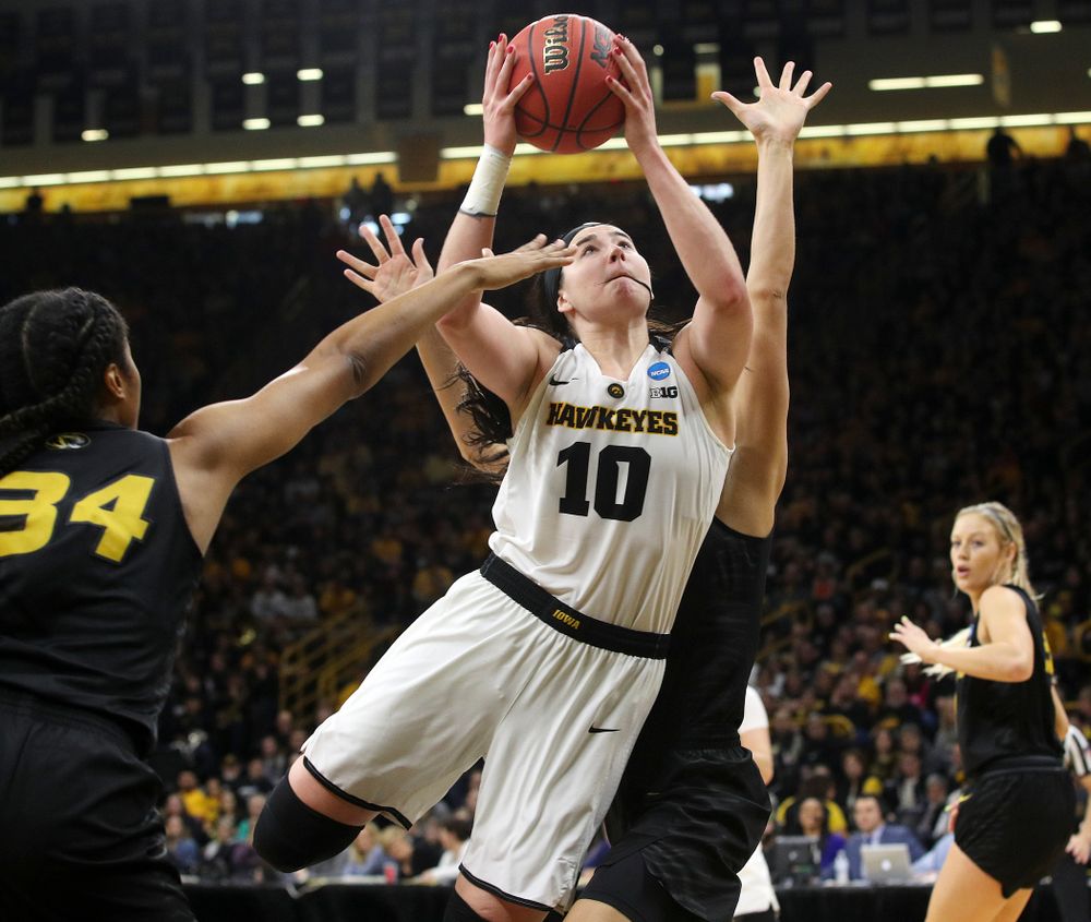 Iowa Hawkeyes center Megan Gustafson (10) puts up a shot during the first quarter of their second round game in the 2019 NCAA Women's Basketball Tournament at Carver Hawkeye Arena in Iowa City on Sunday, Mar. 24, 2019. (Stephen Mally for hawkeyesports.com)