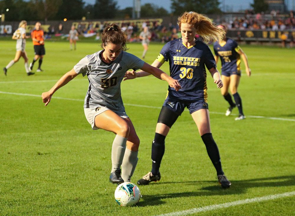 Iowa forward Devin Burns (30) moves with the ball during the first half of their match at the Iowa Soccer Complex in Iowa City on Friday, Sep 13, 2019. (Stephen Mally/hawkeyesports.com)