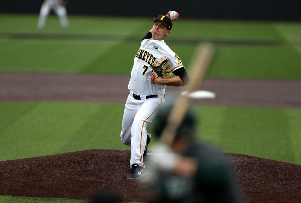 Iowa Hawkeyes Grant Judkins (7) against Michigan State Sunday, May 12, 2019 at Duane Banks Field. (Brian Ray/hawkeyesports.com)