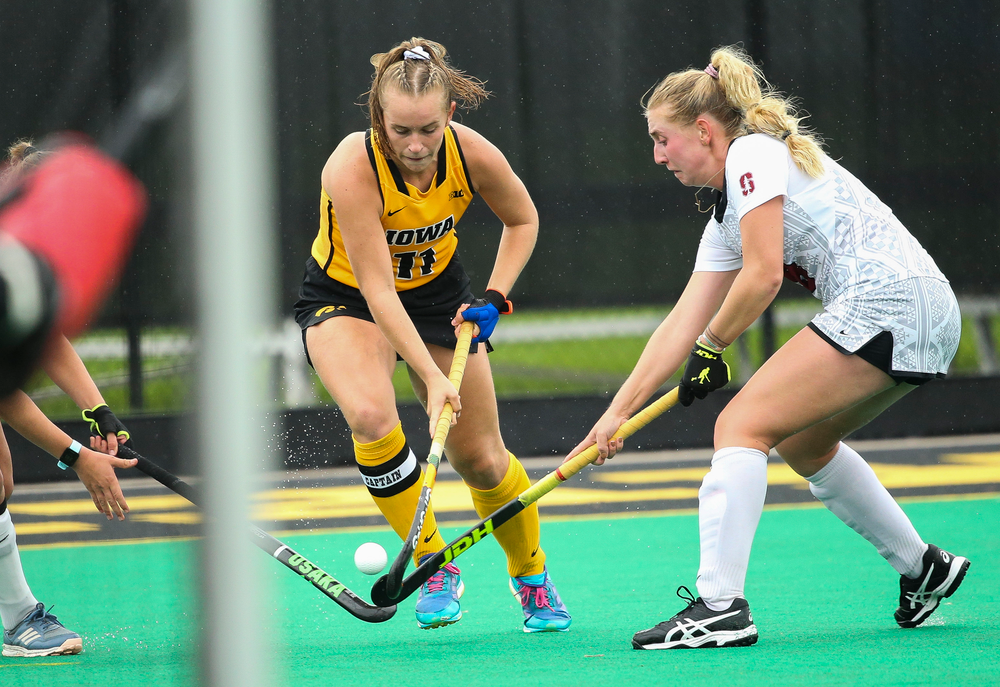Iowa Hawkeyes midfielder Katie Birch (11) dribbles during a game against Stanford at Grant Field on October 7, 2018. (Tork Mason/hawkeyesports.com)