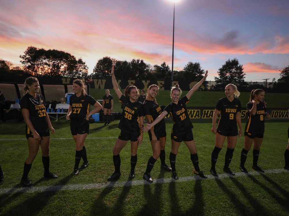 Iowa Hawkeyes forward Devin Burns (30), defender Hannah Drkulec (17), and midfielder/defender Natalie Winters (10) against the Nebraska Cornhuskers Thursday, October 3, 2019 at the Iowa Soccer Complex. (Brian Ray/hawkeyesports.com)