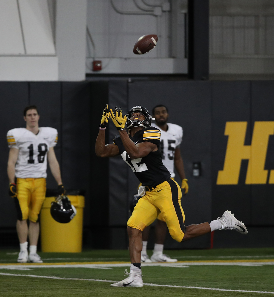 Iowa Hawkeyes wide receiver Brandon Smith (12) during preparation for the 2019 Outback Bowl Wednesday, December 19, 2018 at the Hansen Football Performance Center. (Brian Ray/hawkeyesports.com)