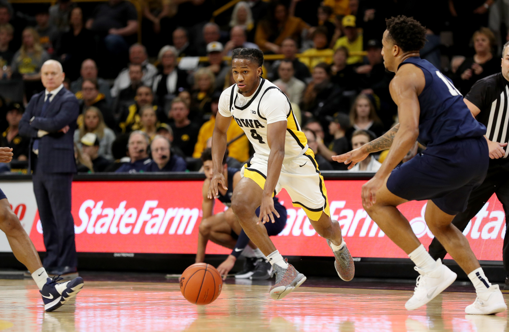 Iowa Hawkeyes guard Bakari Evelyn (4) against Penn State Saturday, February 29, 2020 at Carver-Hawkeye Arena. (Brian Ray/hawkeyesports.com)