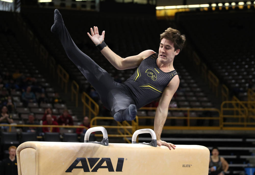 Iowa's Kevin Johnson competes on the Pommel Horse against Oklahoma Saturday, February 9, 2019 at Carver-Hawkeye Arena. (Brian Ray/hawkeyesports.com)