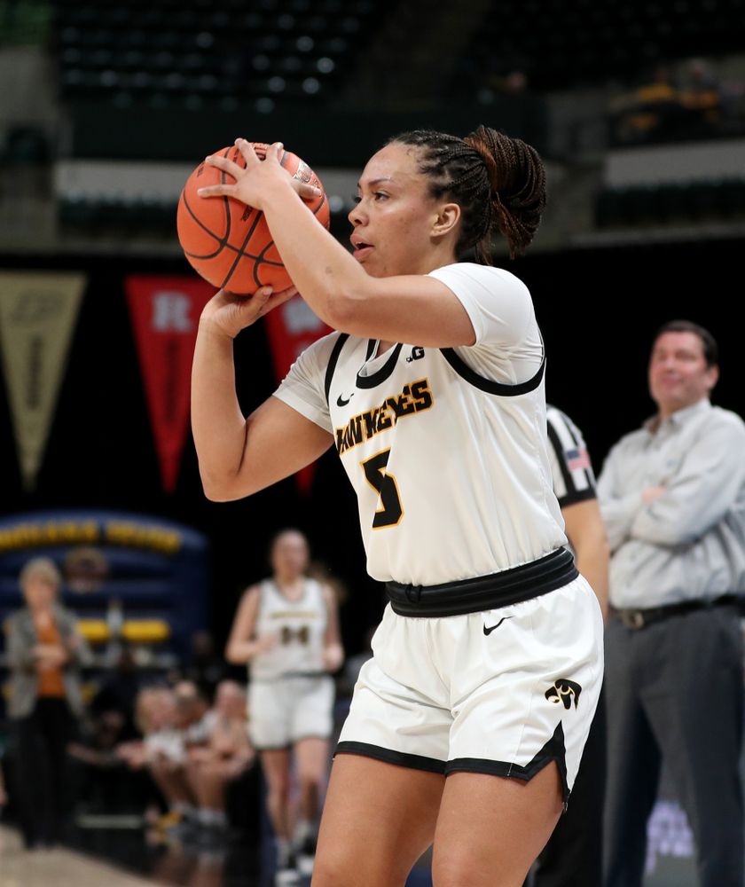 Iowa Hawkeyes guard Alexis Sevillian (5) against Ohio State in the quarterfinals of the Big Ten Basketball Tournament Friday, March 6, 2020 at Bankers Life Fieldhouse in Indianapolis. (Brian Ray/hawkeyesports.com)
