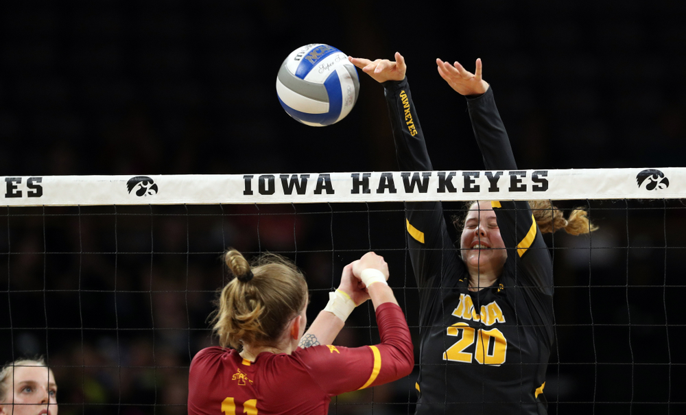 Iowa Hawkeyes outside hitter Edina Schmidt (20) against the Iowa State Cyclones Saturday, September 21, 2019 at Carver-Hawkeye Arena. (Brian Ray/hawkeyesports.com)