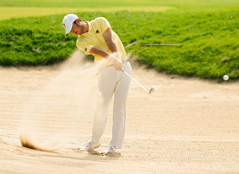 Iowa’s Joe Kim hits from a sand trap during the third day of the Golfweek Conference Challenge at the Cedar Rapids Country Club in Cedar Rapids on Tuesday, Sep 17, 2019. (Stephen Mally/hawkeyesports.com)