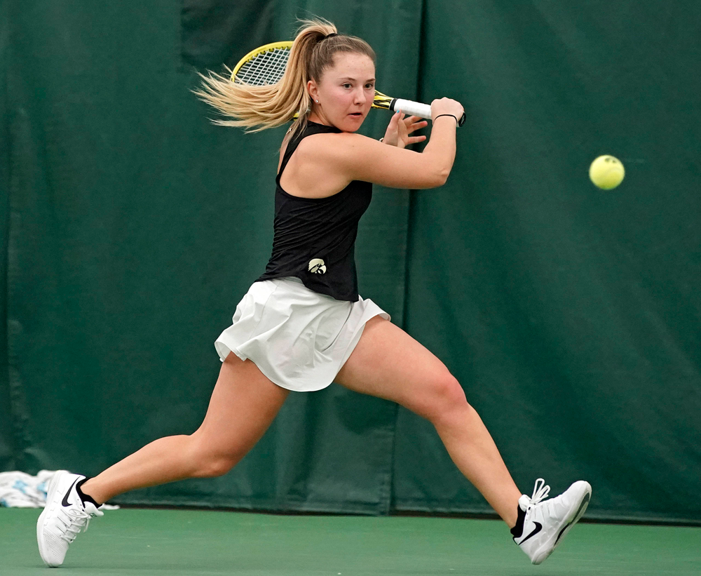 Iowa's Danielle Burich plays a match against Indiana at the Hawkeye Tennis and Recreation Complex in Iowa City on Sunday, Mar. 31, 2019. (Stephen Mally/hawkeyesports.com)