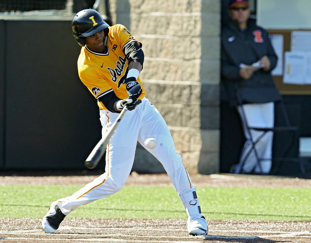 Iowa Hawkeyes infielder Lorenzo Elion (1) bats during the eighth inning against Illinois at Duane Banks Field in Iowa City on Sunday, Mar. 31, 2019. (Stephen Mally/hawkeyesports.com)