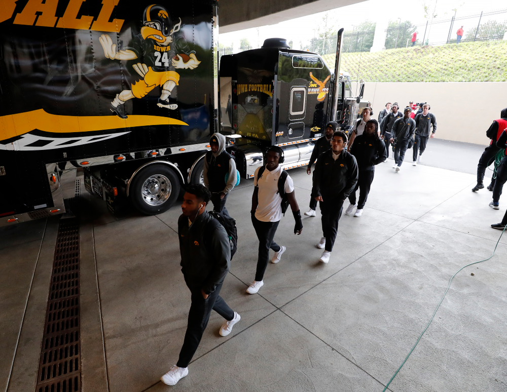 The Iowa Hawkeyes arrive for their game against the Indiana Hoosiers Saturday, October 13, 2018 at Memorial Stadium, in Bloomington, Ind. (Brian Ray/hawkeyesports.com)