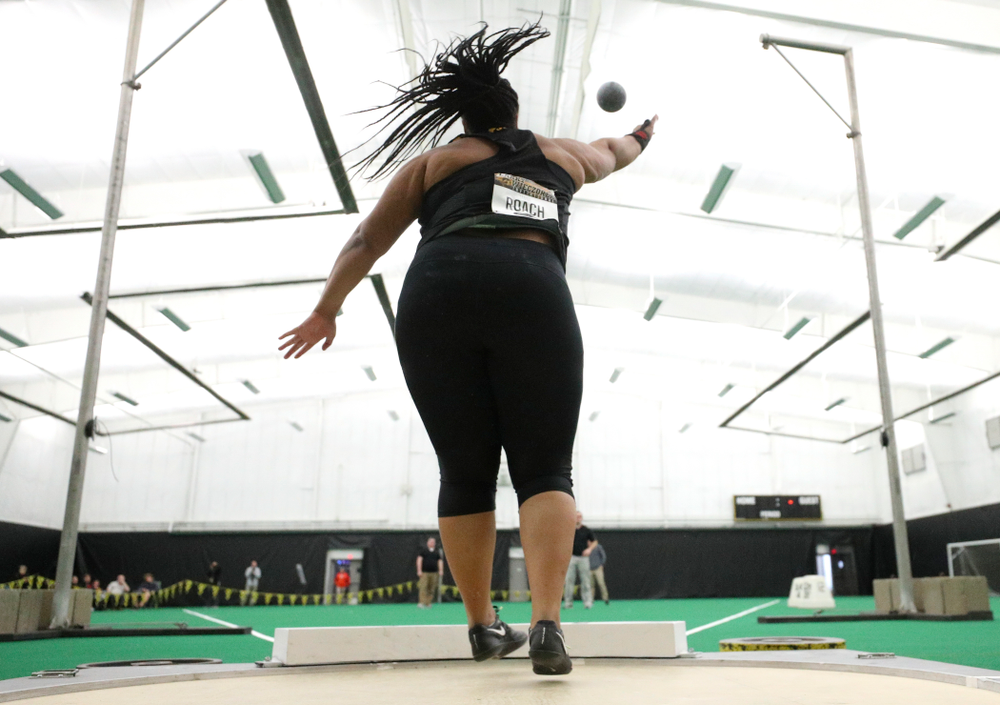 Iowa’s Ianna Roach throws in the women’s shot put event during the Larry Wieczorek Invitational at the Hawkeye Tennis and Recreation Complex in Iowa City on Friday, January 17, 2020. (Stephen Mally/hawkeyesports.com)