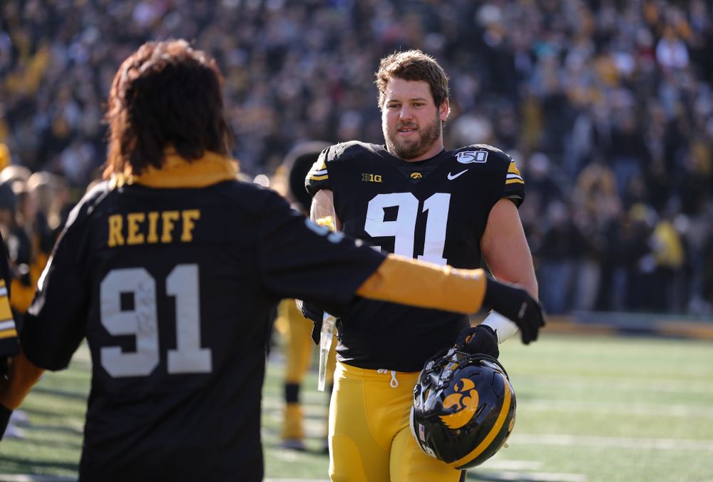 Iowa Hawkeyes defensive lineman Brady Reiff (91) during Senior Day festivities before their game against the Illinois Fighting Illini Saturday, November 23, 2019 at Kinnick Stadium. (Brian Ray/hawkeyesports.com)