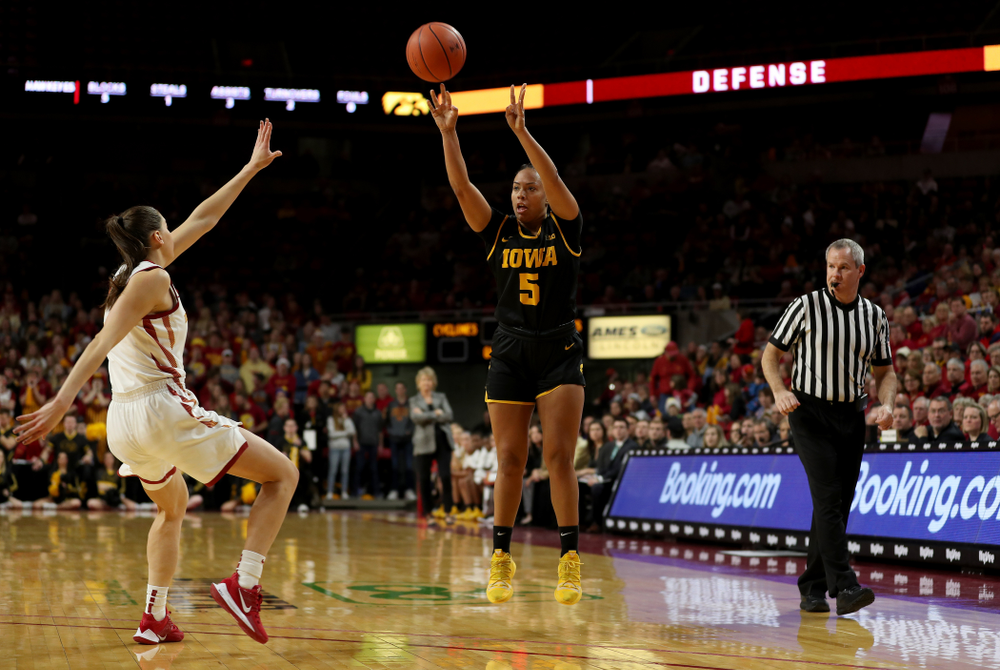 Iowa Hawkeyes guard Alexis Sevillian (5) against the Iowa State Cyclones Wednesday, December 11, 2019 at Hilton Coliseum in Ames, Iowa(Brian Ray/hawkeyesports.com)