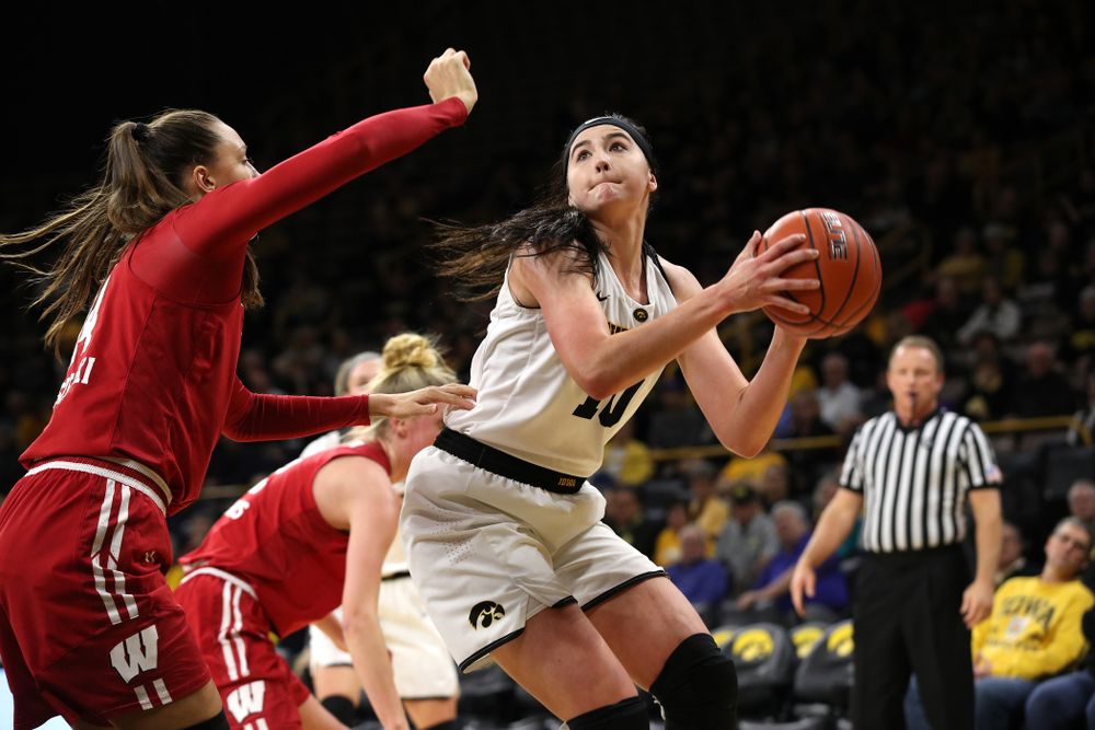 Iowa Hawkeyes forward Megan Gustafson (10) against the Wisconsin Badgers Monday, January 7, 2019 at Carver-Hawkeye Arena. (Brian Ray/hawkeyesports.com)