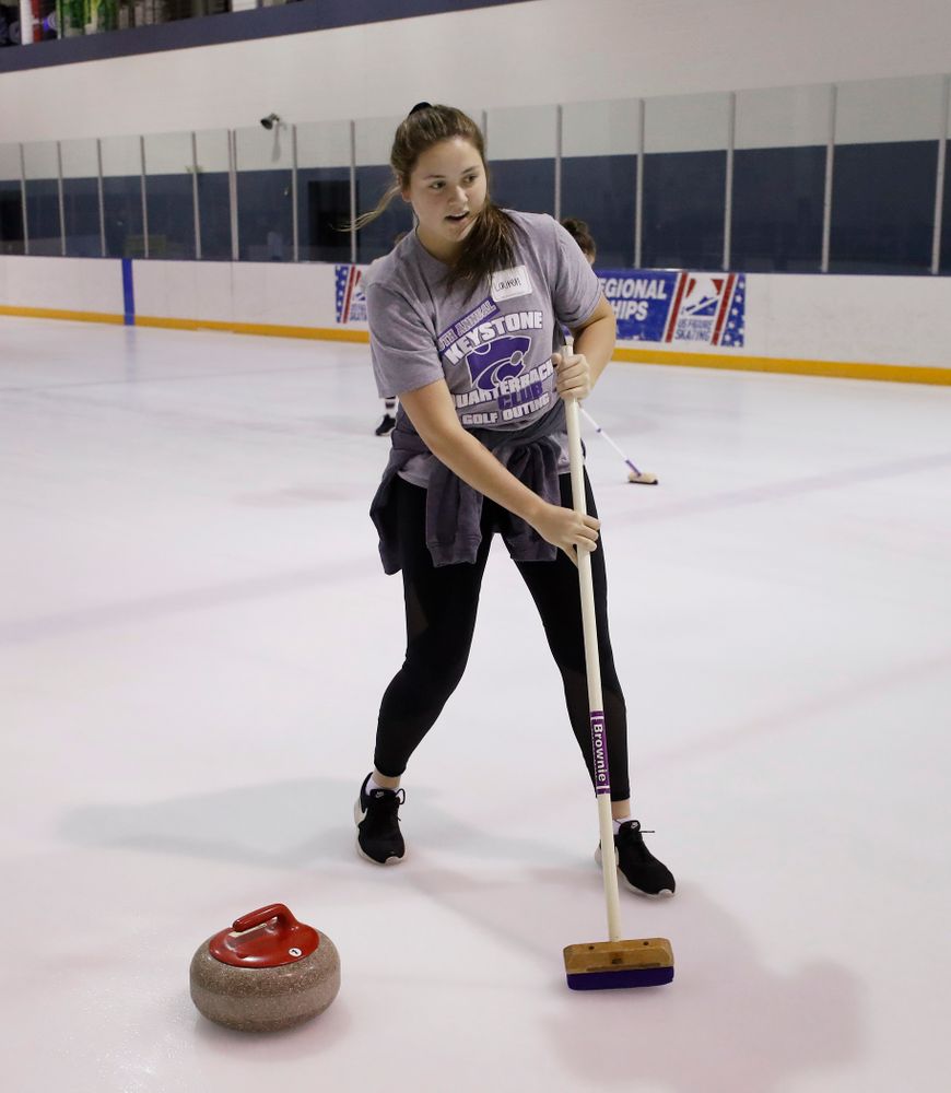 Members of the Iowa Softball team learn the sport of curling as part of a team building event Wednesday, January 10, 2018 at the Cedar Rapids Ice Arena. (Brian Ray/hawkeyesports.com)