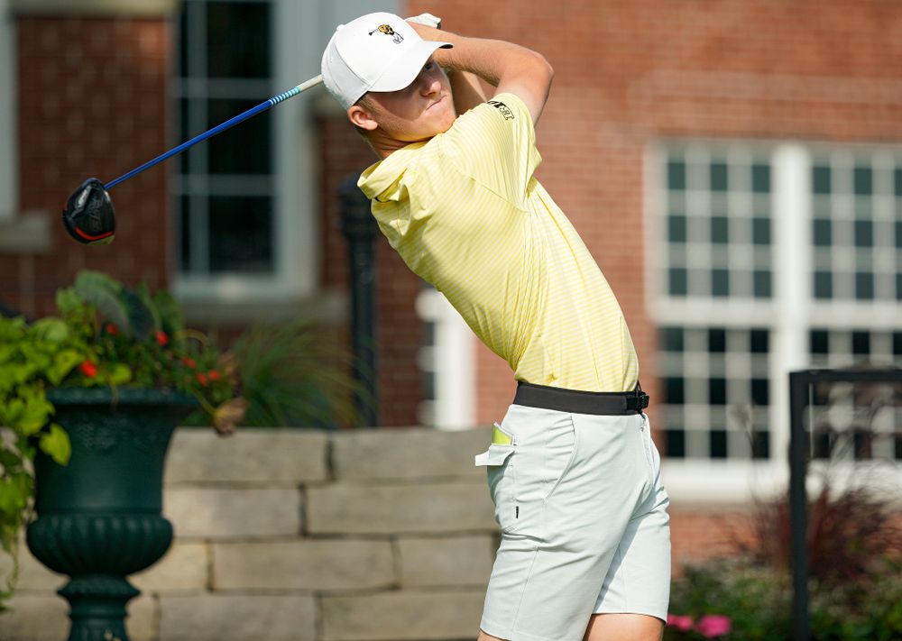 Iowa’s Benton Weinberg tees off during the third day of the Golfweek Conference Challenge at the Cedar Rapids Country Club in Cedar Rapids on Tuesday, Sep 17, 2019. (Stephen Mally/hawkeyesports.com)