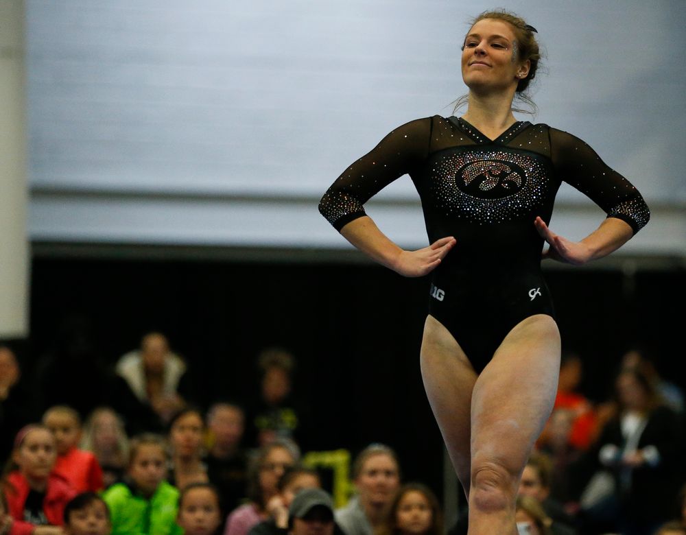 Sydney Hogan competes in the floor exercise during the Black and Gold Intrasquad meet at the Field House on 12/2/17. (Tork Mason/hawkeyesports.com)