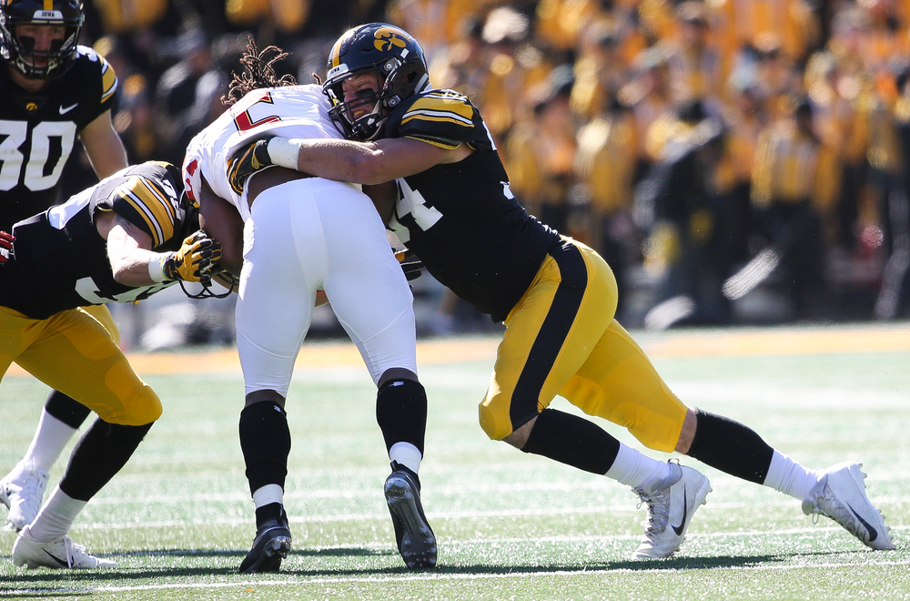 Iowa Hawkeyes linebacker Kristian Welch (34) makes a tackle during a game against Maryland at Kinnick Stadium on October 20, 2018. (Tork Mason/hawkeyesports.com)