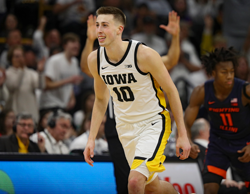 Iowa Hawkeyes guard Joe Wieskamp (10) celebrates after making a 3-pointer during the second half of the game at Carver-Hawkeye Arena in Iowa City on Sunday, February 2, 2020. (Stephen Mally/hawkeyesports.com)