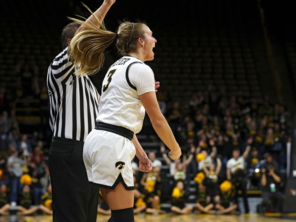Iowa Hawkeyes guard Makenzie Meyer (3) celebrates after making a 3-pointer during the fourth quarter of their game at Carver-Hawkeye Arena in Iowa City on Sunday, January 12, 2020. (Stephen Mally/hawkeyesports.com)