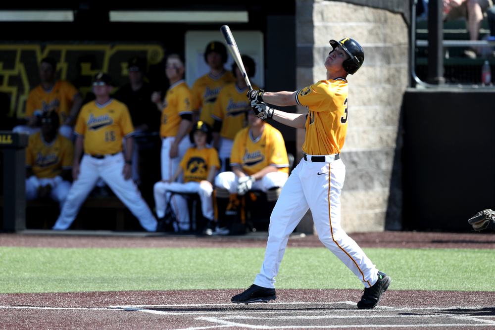 Iowa Hawkeyes Connor McCaffery (30) hits a home run against the Nebraska Cornhuskers Sunday, April 21, 2019 at Duane Banks Field. (Brian Ray/hawkeyesports.com)