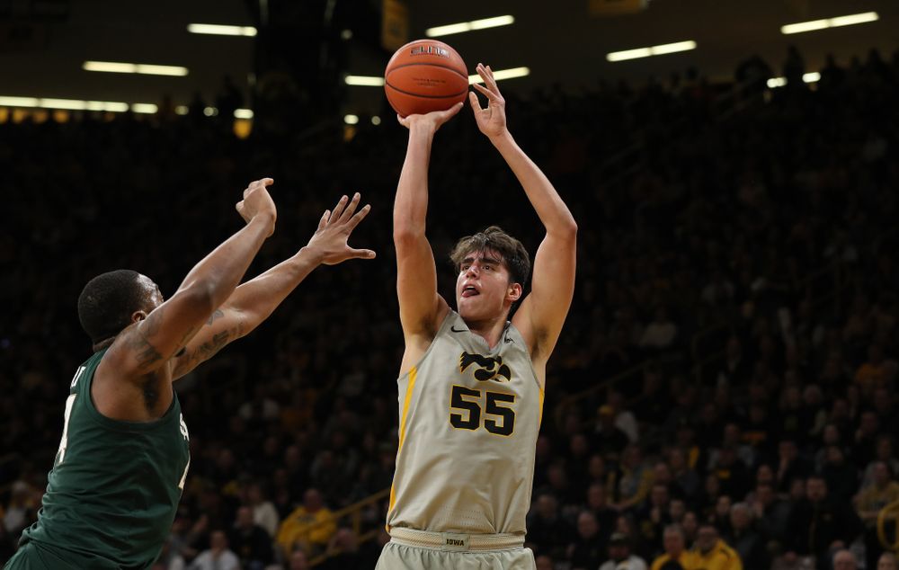 Iowa Hawkeyes forward Luka Garza (55) against the Michigan State Spartans Thursday, January 24, 2019 at Carver-Hawkeye Arena. (Brian Ray/hawkeyesports.com)