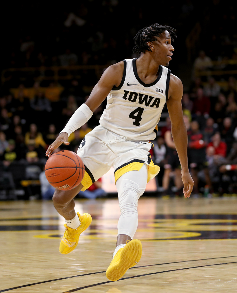 Iowa Hawkeyes guard Bakari Evelyn (4) against the Maryland Terrapins Friday, January 10, 2020 at Carver-Hawkeye Arena. (Brian Ray/hawkeyesports.com)