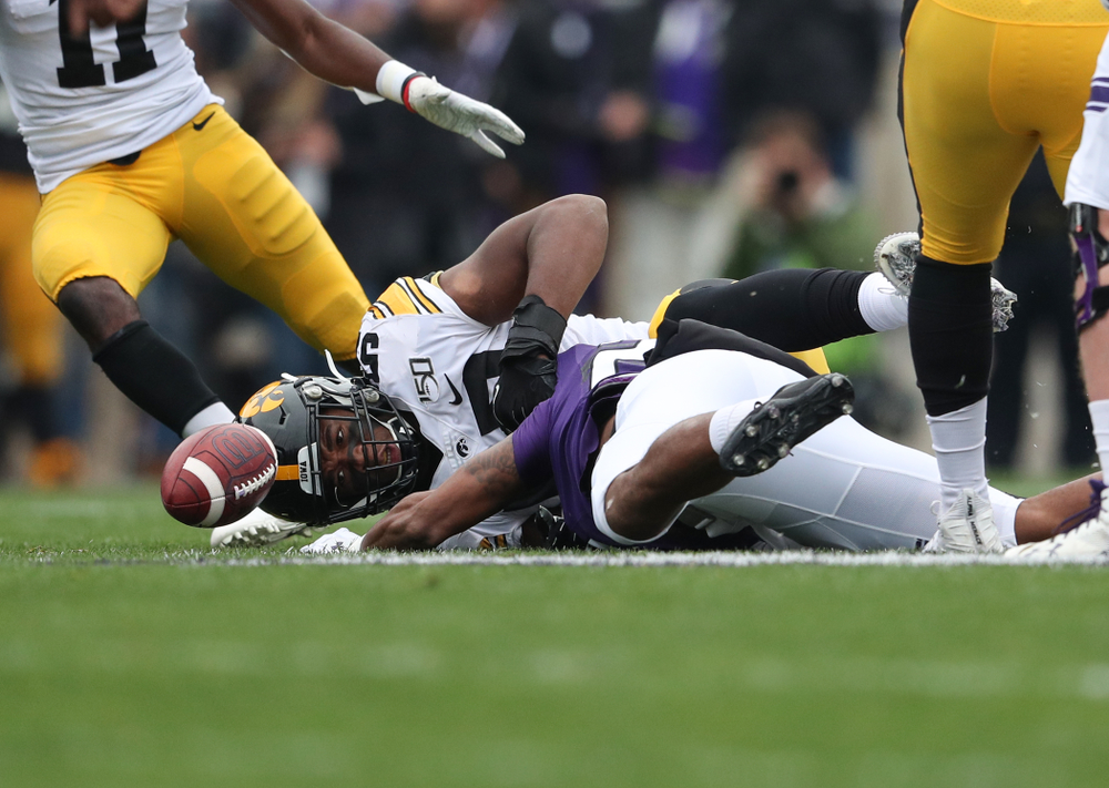 Iowa Hawkeyes defensive end Chauncey Golston (57) against the Northwestern Wildcats Saturday, October 26, 2019 at Ryan Field in Evanston, Ill. (Brian Ray/hawkeyesports.com)