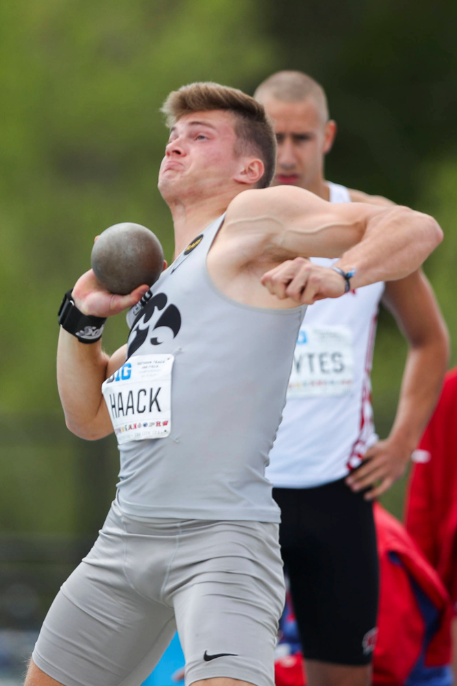 Iowa's Peyton Haack during the men's shot put at the Big Ten Outdoor Track and Field Championships at Francis X. Cretzmeyer Track on Friday, May 10, 2019. (Lily Smith/hawkeyesports.com)