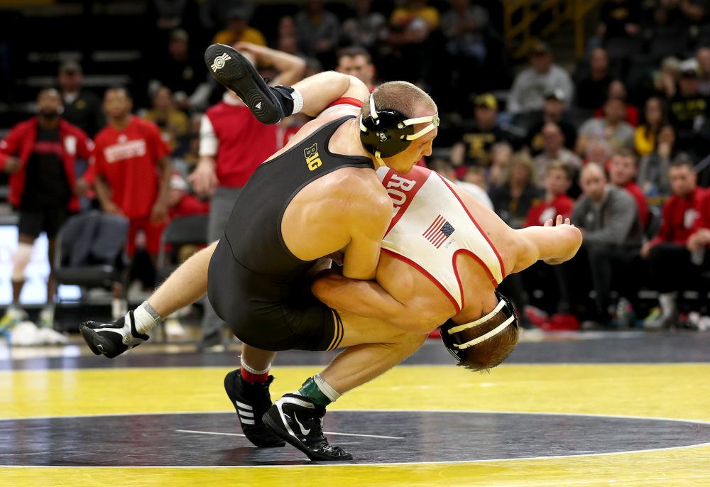 Iowa’s Kaleb Young wrestles Nebraska’s Peyton Rob at 157 pounds Saturday, January 18, 2020 at Carver-Hawkeye Arena. Young won the match 6-4. (Brian Ray/hawkeyesports.com)