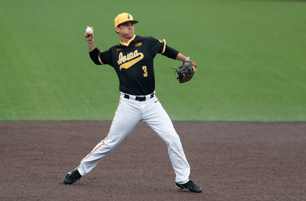 Iowa Hawkeyes infielder Matt Hoeg (3) against the Bradley Braves Wednesday, March 28, 2018 at Duane Banks Field. (Brian Ray/hawkeyesports.com)