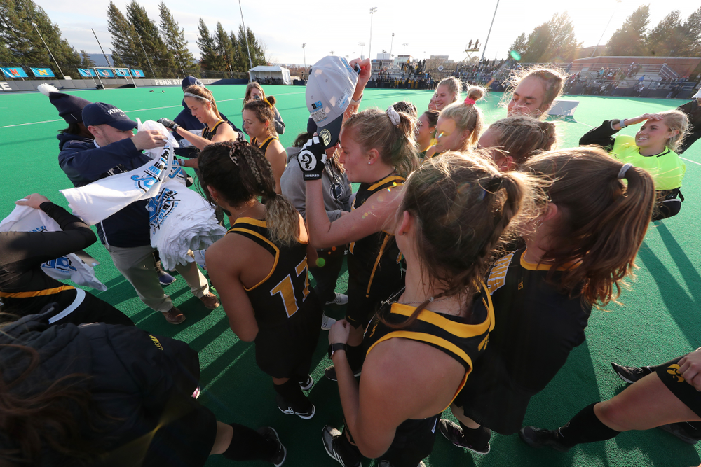 The Iowa Hawkeyes celebrate their victory over Penn State in the 2019 Big Ten Field Hockey Tournament Championship Game Sunday, November 10, 2019 in State College. (Brian Ray/hawkeyesports.com)