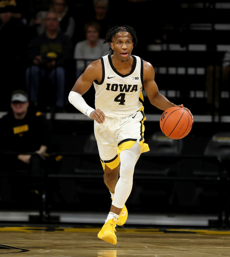 Iowa Hawkeyes guard Bakari Evelyn (4) against the Maryland Terrapins Friday, January 10, 2020 at Carver-Hawkeye Arena. (Brian Ray/hawkeyesports.com)