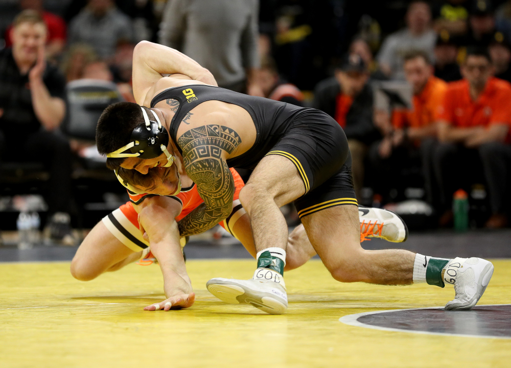Iowa’s Pat Lugo Wrestles Oklahoma State’s Boo Luwallen at 149 pounds Sunday, February 23, 2020 at Carver-Hawkeye Arena. Lugo won the match by fall. (Brian Ray/hawkeyesports.com)